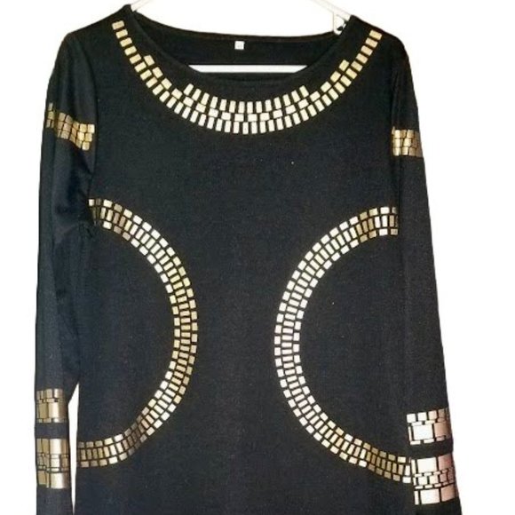 Black Midi Dress with Gold Decorative Design | Size XL | Stretch Fabric - Picture 1 of 15